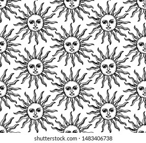 Seamless vector Sun pattern. Thin line medieval illustration of Sun with face. Astrology 10 eps background for design, fabric, textile, cover, wrapping.