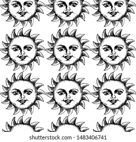 Seamless vector Sun pattern. Thin line medieval illustration of Sun with face. Astrology 10 eps background for design, fabric, textile, cover, wrapping.