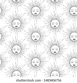 Seamless vector Sun pattern. Thin line medieval illustration of Sun with face. Astrology 10 eps background for design, fabric, textile, cover, wrapping.