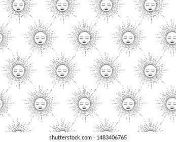 Seamless vector Sun pattern. Thin line medieval illustration of Sun with face. Astrology 10 eps background for design, fabric, textile, cover, wrapping.