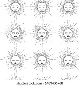 Seamless vector Sun pattern. Thin line medieval illustration of Sun with face. Astrology 10 eps background for design, fabric, textile, cover, wrapping.