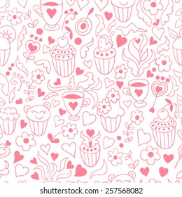 Seamless vector sweet pattern with cupcakes and coffee cup. EPS8
