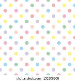 Seamless vector sweet pattern or texture with colorful pastel polka dots on white background for kids background, blog, web design, scrapbooks, party or baby shower invitations and wedding cards.