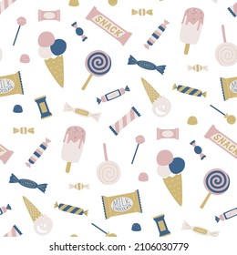 Seamless vector sweets candies pattern. Food repeat background for fabric, textile, wrapping, cover etc.