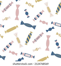 Seamless vector sweets candies pattern. Food repeat background for fabric, textile, wrapping, cover etc.	