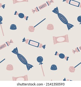 Seamless vector sweets candies pattern. Food repeat background for fabric, textile, wrapping, cover etc.