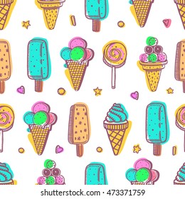 Seamless vector sweets pattern with ice cream candy sketch
