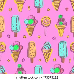 Seamless vector sweets pattern with ice cream candy sketch