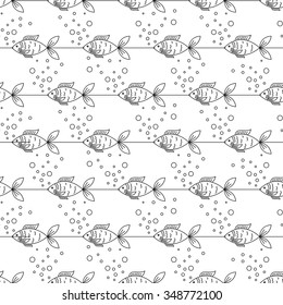 Seamless vector swimming fish pattern illustration. Line art illustration.