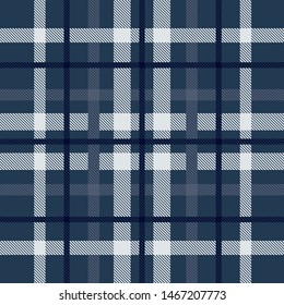 Seamless vector tartan plaid pattern.All over fabric texture print in navy blue, grey blue and white colour.
