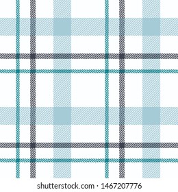 Seamless vector tartan plaid pattern.All over fabric texture print in petroleum blue grey and baby blue on white background.
