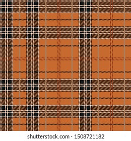 Seamless vector tartan plaid pattern. All over fabric texture print with black colour on orange background with white and beige accents.
