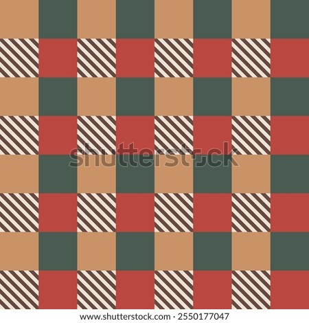 Seamless vector tartan-style pattern resembling a festive Christmas plaid in classic red, green, and caramel tones. Warm, traditional, and cozy, ideal for holiday wrapping, textiles, seasonal decor.