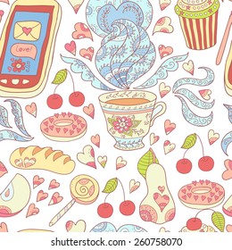 Seamless vector tea and sweets pattern.