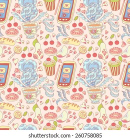 Seamless vector tea and sweets pattern.