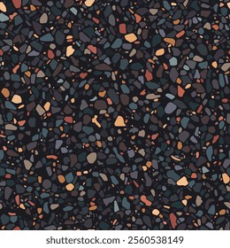 Seamless Vector Terrazzo Floor Pattern with Warm Toned Marble Stone Chips on a Black Background