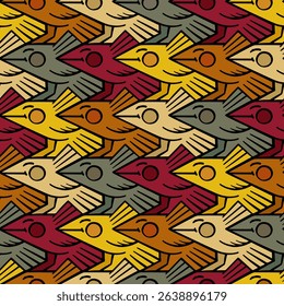 Seamless vector tessellation with cartoon birds in a colorful warm palette of yellow, orange, red, green, khaki, and beige with bold black outline