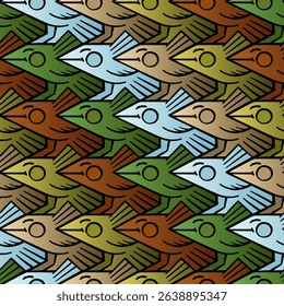 Seamless vector tessellation pattern with diagonal cartoon bird rows in gradient earth tones of blue, green, beige, and terracotta with black outline