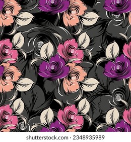 Seamless vector textile floral pattern on black background
