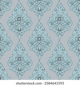 A seamless vector textile pattern featuring intricate floral motifs in elegant blue tones. This ornamental design adds a sophisticated and timeless charm to fabric and decorative projects.