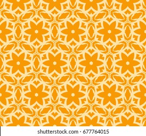 Seamless vector texture with an abstract pattern of intertwined curves, geometric figures decorated with modern floral ornament. orange color