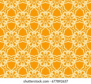 Seamless vector texture with an abstract pattern of intertwined curves, geometric figures decorated with modern floral ornament. orange color