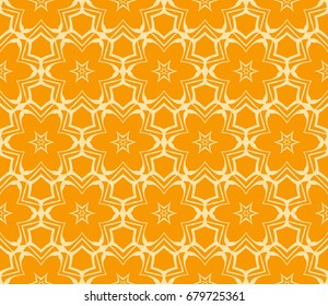 Seamless vector texture with an abstract pattern of intertwined curves, geometric figures decorated with modern floral ornament. orange color