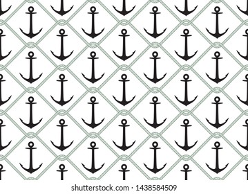 Seamless vector texture black steel ship anchor and intertwined with ropes. White background.