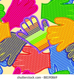 The Seamless vector texture. Chaotic tossed gloves of different color. The Winter cloth.