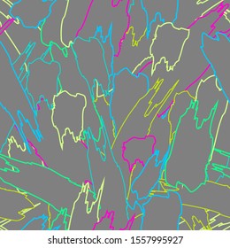Seamless vector texture with colorful contours of chaotic brush strokes on grey background. Outline abstract design for presentation, wallpaper, web design, website, banners, business card, page.
