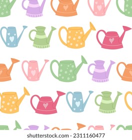Textura vectorial sin inconveniente con latas de agua coloridas en una fila sobre un fondo blanco. Patrón infantil con adorables herramientas de jardín. Fondo para envolver papel y telas