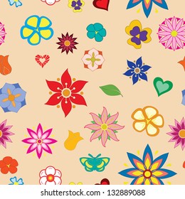 Seamless vector texture, consisting of flowers, leaf, butterflies, hearts