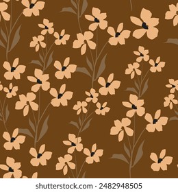 textura de Vector sin costuras crema patrón de hojas de flores en fondo marrón