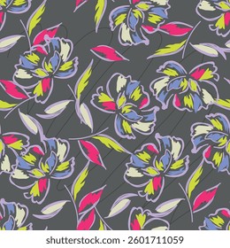seamless vector texture cream stock flowers leaf pattern on brown background
