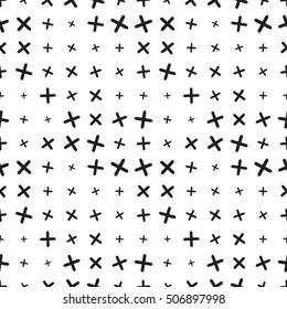 Seamless vector texture with cross, x, plus, form. Cross pattern. Chaotic black and white geo, geometric background. Psychedelic motif. Halftone, grunge background. Vector fabric print. 