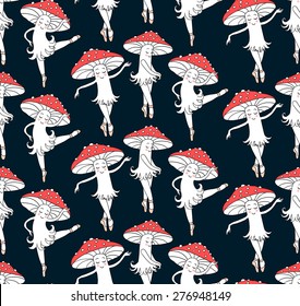 Seamless vector texture with dancing mushrooms