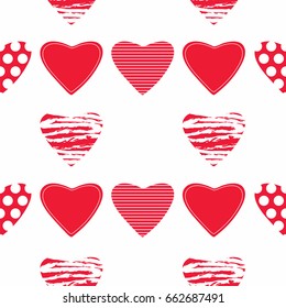 Seamless vector texture with different red hearts on white background 