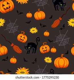 Seamless vector texture for fashion prints. Themed pattern of pumpkins, black cats, brooms, bats are scattered randomly. Cute vector illustration made in bright festive colors.