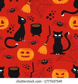 Seamless vector texture for fashion prints. Themed pattern of pumpkins, black cats, brooms, spiders, a pot of potion on a red background. Seamless pattern. Vector illustration made in bright colors.