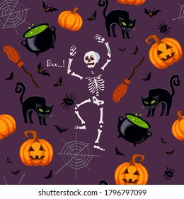 Seamless vector texture for fashion prints. Themed pattern of pumpkins, black cats, brooms, bats are scattered randomly. Cute vector illustration made in bright festive colors.