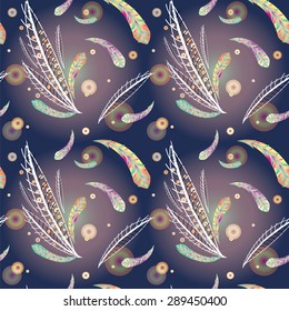 Seamless vector texture with feathers and colored circles on dark background
