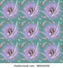 Seamless vector texture with feathers and colorful circles on turquoise background
