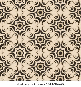 Seamless vector texture of floral and abstract round shape black color elements on brown backdrop. Design for tiles and packaging, curtains. EPS 10