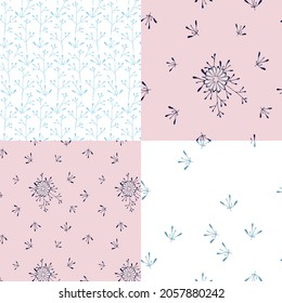 Seamless vector texture. Four textures of doodle flowers and branches. Universal simple illustration for backgrounds and fabrics. Graphic hand drawing. Blue, pink tones. Retro and vintage style.