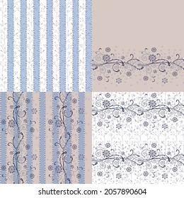 Seamless vector texture. Four textures of doodle flowers and branches. Universal simple illustration for backgrounds and fabrics. Graphic hand drawing. Blue, pink tones. Retro and vintage style.