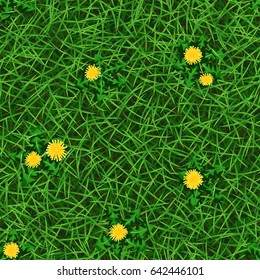 Seamless vector texture of fresh green spring grass with blooming yellow dandelions