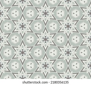 Seamless vector texture with geometric shapes, restrained monotonous shades. Flowers made of hexagonal stars are connected by the ends of the petals. There are hexagons in the gaps.