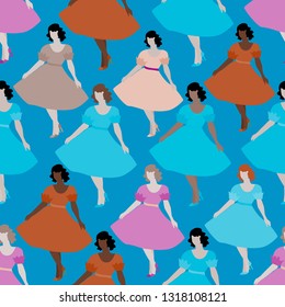 Seamless vector texture with girls in dresses. Vector illustration.