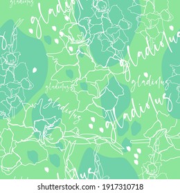 seamless vector texture with gladiolus flowers and buds, beautiful vector seamless pattern with blue and green gladiolus flowers