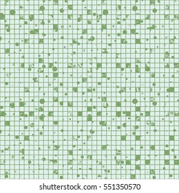 Seamless vector texture. Green Grunge checkered background with dots, attrition, cracks. Old style abstract vintage design. Graphic illustration. Series of Grunge Old Seamless Patterns